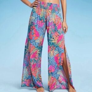 Kona Sol Colorful Tropical Floral Print‎ Swim Cover Wide Leg Palazzo Pants XL